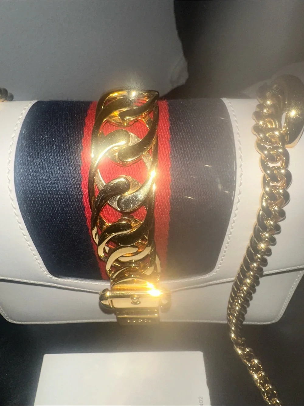 Gucci White and red blue Leather Chain Crossbody with Gold Hardware